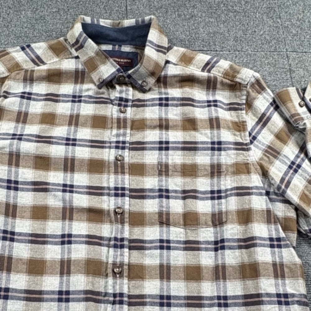 Johnston & Murphy Mens XL Brown Blue Plaid Cotton Flannel Button Down *Read